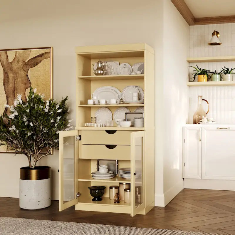 Meuble de rangement de cuisine en bois massif à 100 % avec 2 portes en verre transparent ou en bois massif et organisateur à 2 tiroirs