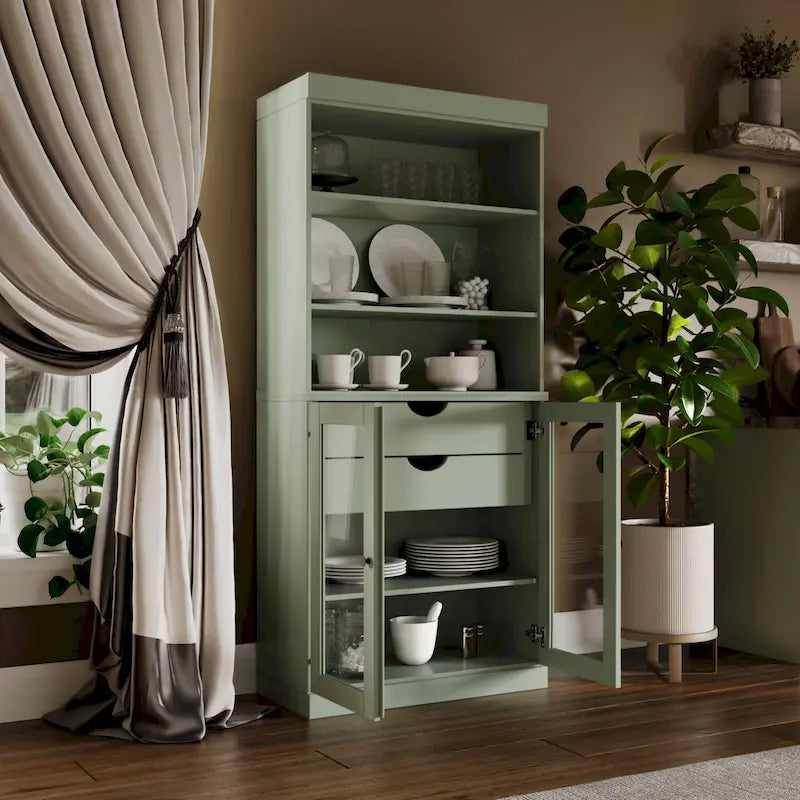 Meuble de rangement de cuisine en bois massif à 100 % avec 2 portes en verre transparent ou en bois massif et organisateur à 2 tiroirs