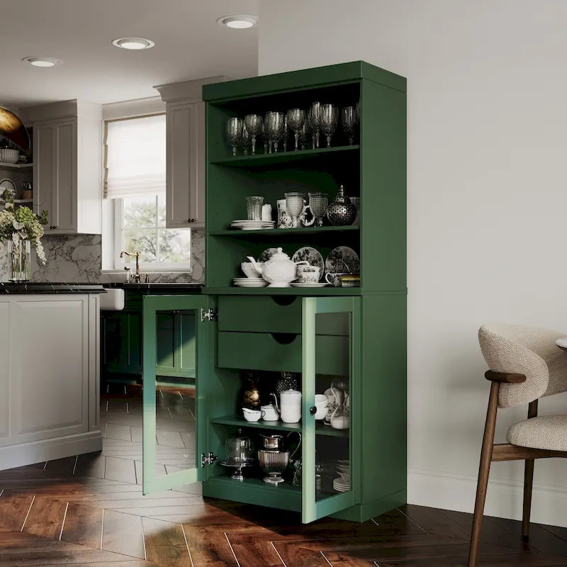 Meuble de rangement de cuisine en bois massif à 100 % avec 2 portes en verre transparent ou en bois massif et organisateur à 2 tiroirs
