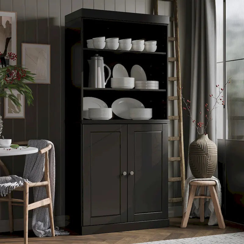 Meuble de rangement de cuisine en bois massif à 100 % avec 2 portes en verre transparent ou en bois massif et organisateur à 2 tiroirs