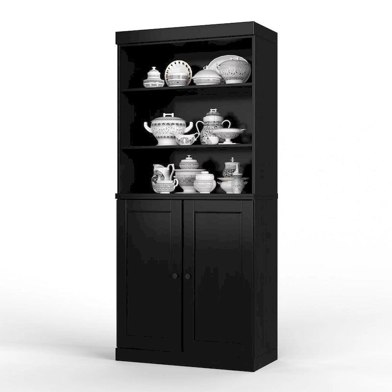 Meuble de rangement de cuisine en bois massif à 100 % avec 2 portes en verre transparent ou en bois massif et organisateur à 2 tiroirs