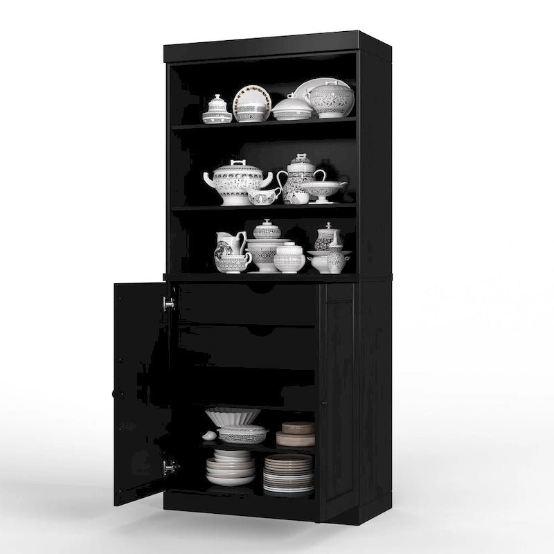Meuble de rangement de cuisine en bois massif à 100 % avec 2 portes en verre transparent ou en bois massif et organisateur à 2 tiroirs