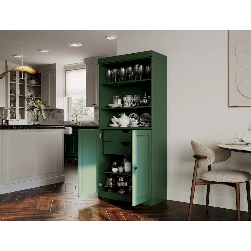 Meuble de rangement de cuisine en bois massif à 100 % avec 2 portes en verre transparent ou en bois massif et organisateur à 2 tiroirs