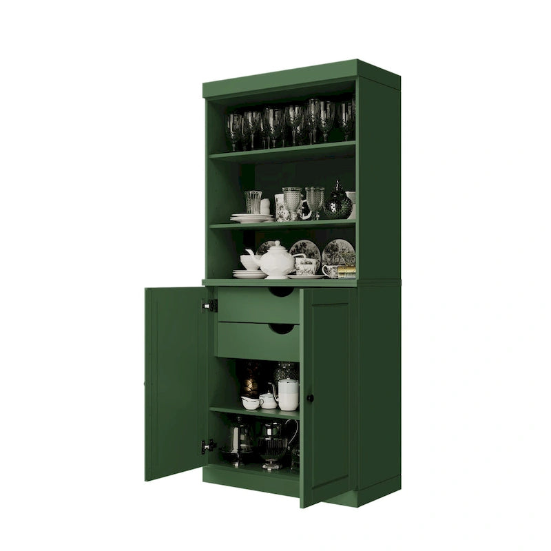 Meuble de rangement de cuisine en bois massif à 100 % avec 2 portes en verre transparent ou en bois massif et organisateur à 2 tiroirs