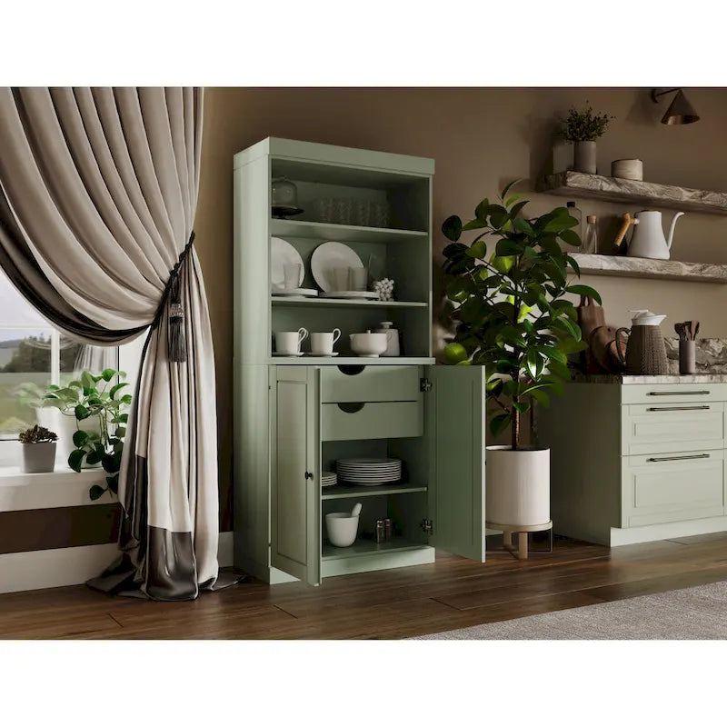 Meuble de rangement de cuisine en bois massif à 100 % avec 2 portes en verre transparent ou en bois massif et organisateur à 2 tiroirs