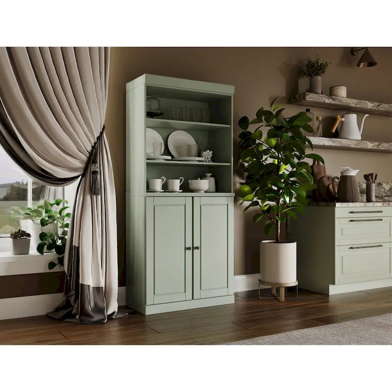 Meuble de rangement de cuisine en bois massif à 100 % avec 2 portes en verre transparent ou en bois massif et organisateur à 2 tiroirs