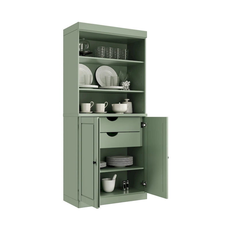 Meuble de rangement de cuisine en bois massif à 100 % avec 2 portes en verre transparent ou en bois massif et organisateur à 2 tiroirs