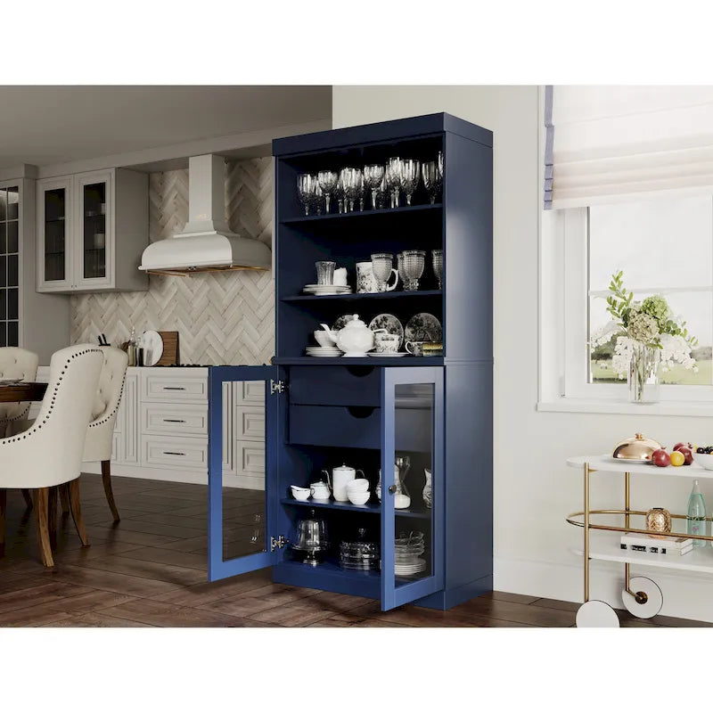 Meuble de rangement de cuisine en bois massif à 100 % avec 2 portes en verre transparent ou en bois massif et organisateur à 2 tiroirs