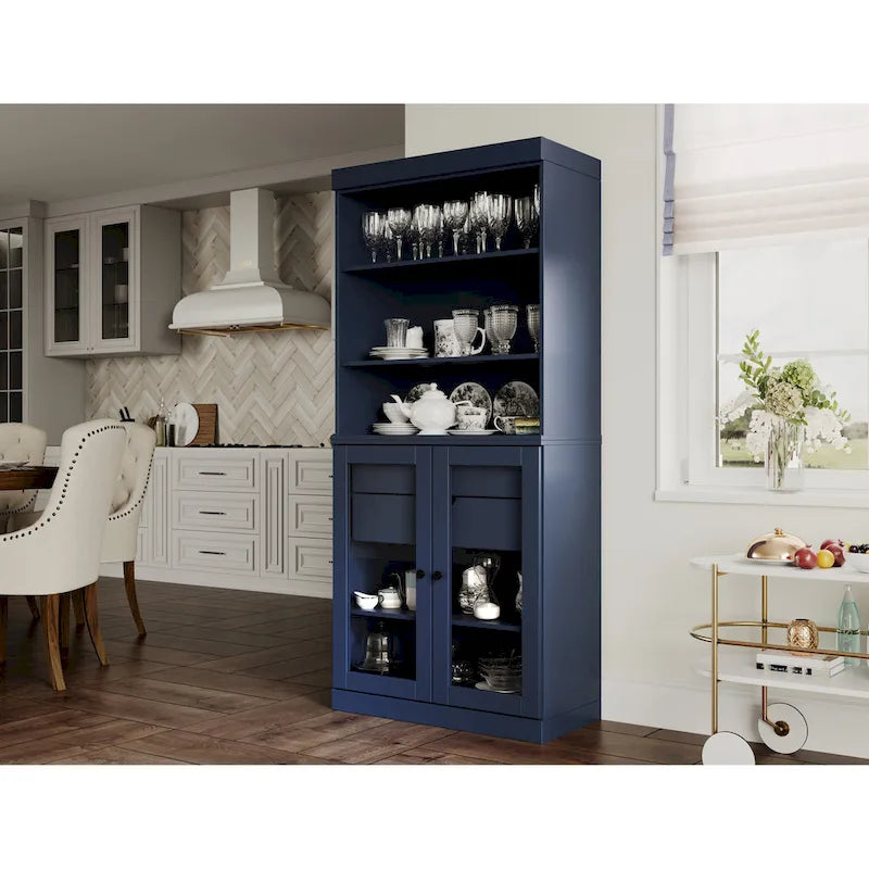 Meuble de rangement de cuisine en bois massif à 100 % avec 2 portes en verre transparent ou en bois massif et organisateur à 2 tiroirs