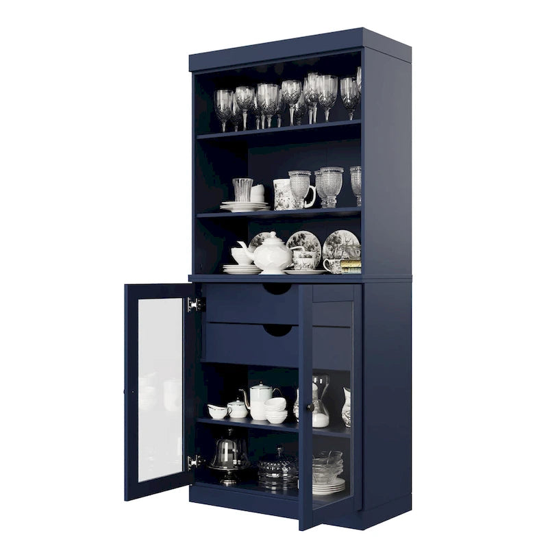 Meuble de rangement de cuisine en bois massif à 100 % avec 2 portes en verre transparent ou en bois massif et organisateur à 2 tiroirs