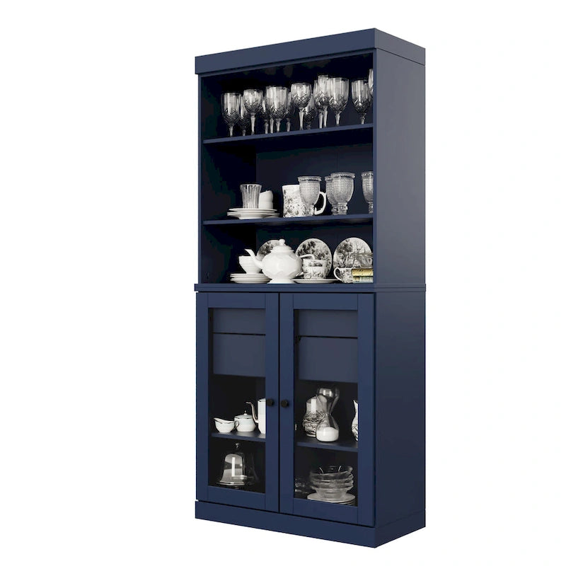 Meuble de rangement de cuisine en bois massif à 100 % avec 2 portes en verre transparent ou en bois massif et organisateur à 2 tiroirs