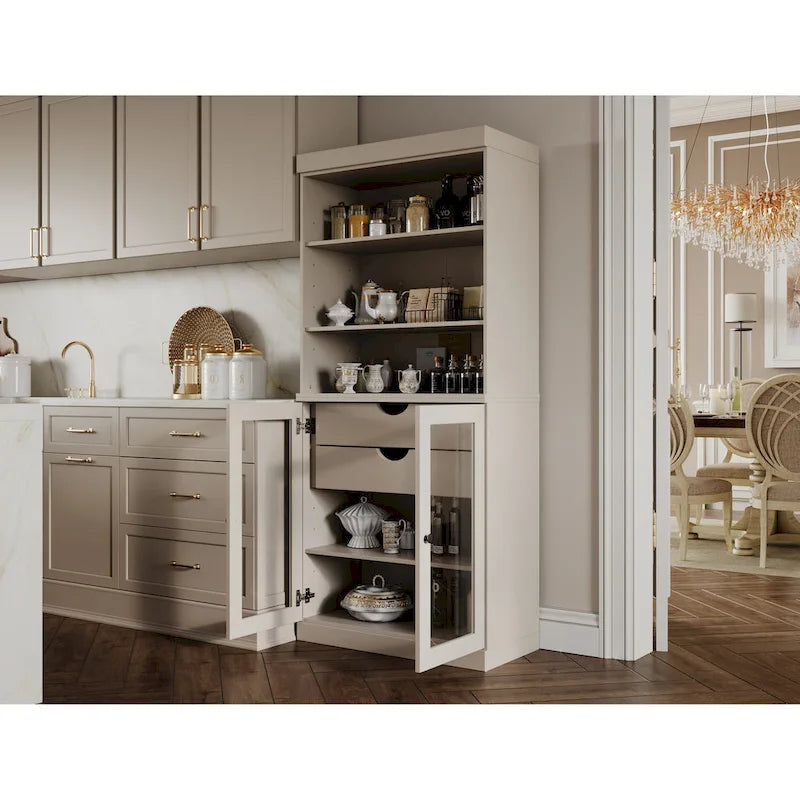 Meuble de rangement de cuisine en bois massif à 100 % avec 2 portes en verre transparent ou en bois massif et organisateur à 2 tiroirs