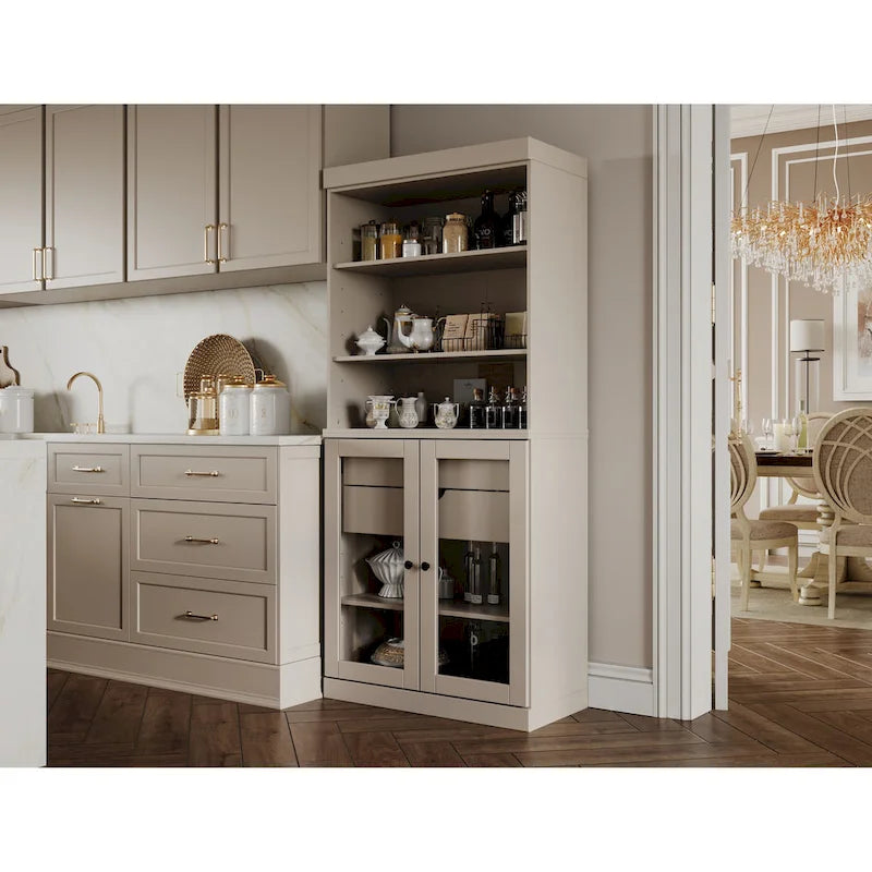 Meuble de rangement de cuisine en bois massif à 100 % avec 2 portes en verre transparent ou en bois massif et organisateur à 2 tiroirs