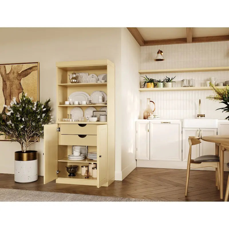 Meuble de rangement de cuisine en bois massif à 100 % avec 2 portes en verre transparent ou en bois massif et organisateur à 2 tiroirs