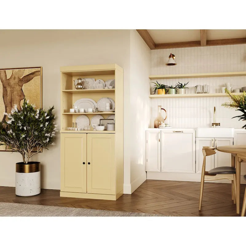 Meuble de rangement de cuisine en bois massif à 100 % avec 2 portes en verre transparent ou en bois massif et organisateur à 2 tiroirs