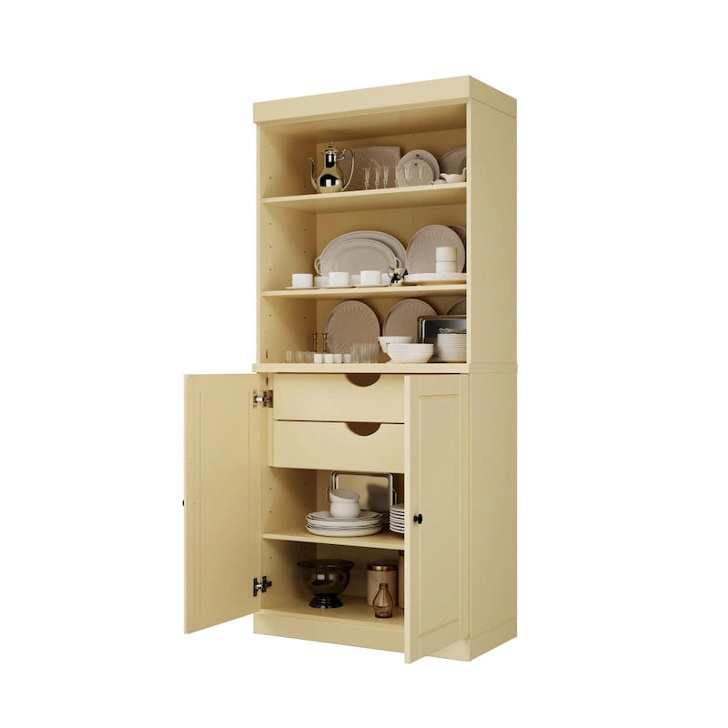 Meuble de rangement de cuisine en bois massif à 100 % avec 2 portes en verre transparent ou en bois massif et organisateur à 2 tiroirs