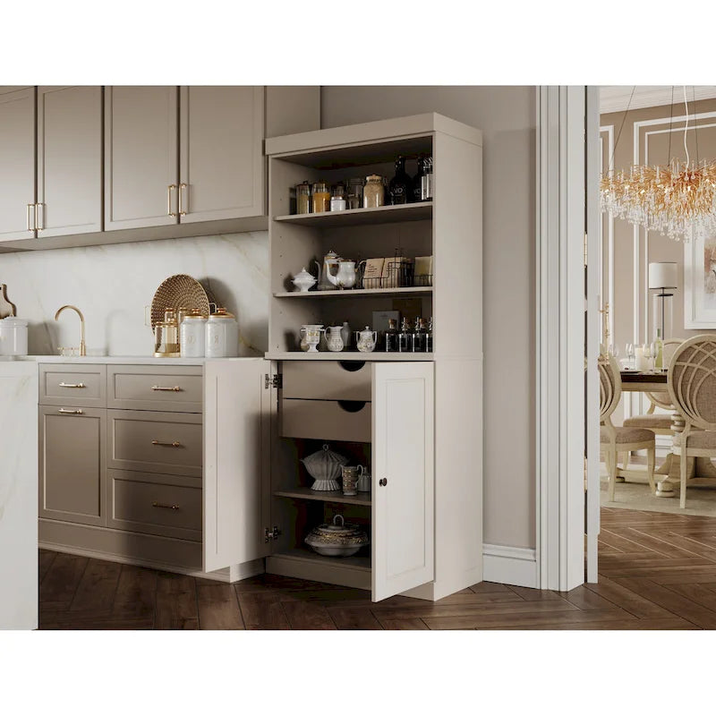 Meuble de rangement de cuisine en bois massif à 100 % avec 2 portes en verre transparent ou en bois massif et organisateur à 2 tiroirs
