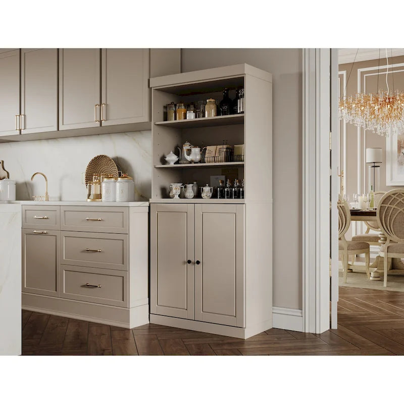 Meuble de rangement de cuisine en bois massif à 100 % avec 2 portes en verre transparent ou en bois massif et organisateur à 2 tiroirs