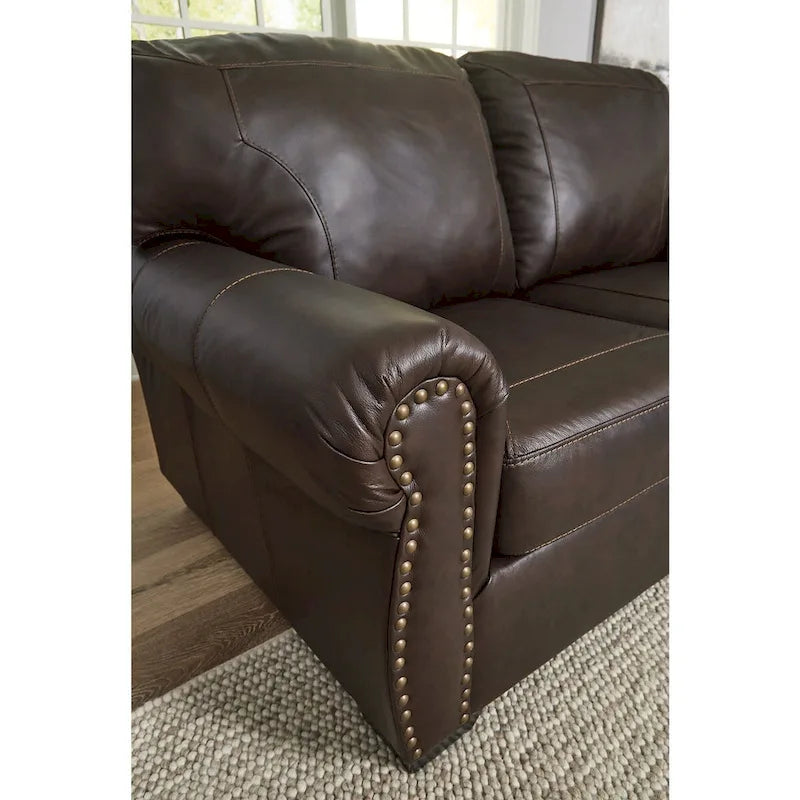 Causeuse à accoudoirs roulés marron foncé – 170 cm L x 102 cm P x 99 cm H