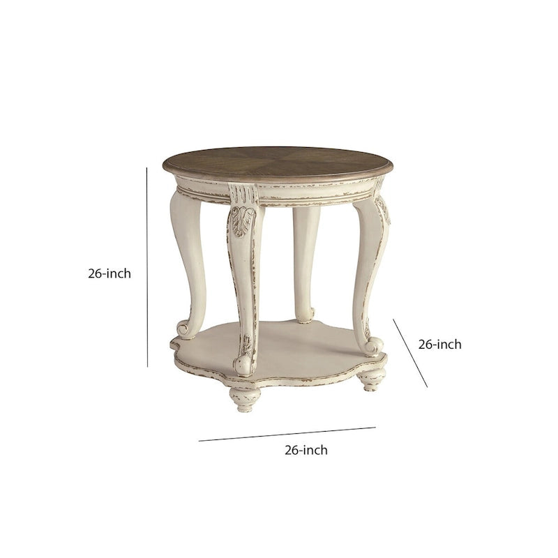 Table d'appoint ronde en bois avec étagère inférieure ouverte, marron et blanc antique