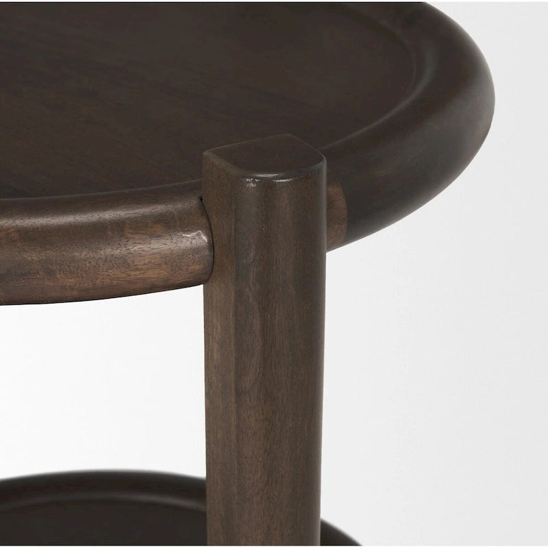 Table d'appoint ronde en bois brun foncé avec étagère inférieure - 23.5L x 23.5W x 26.0H