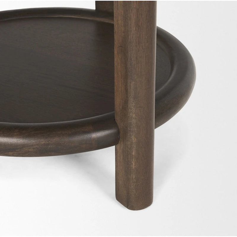 Table d'appoint ronde en bois brun foncé avec étagère inférieure - 23.5L x 23.5W x 26.0H
