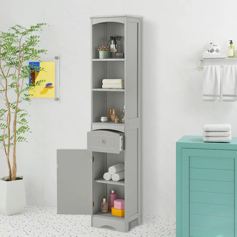 Meuble de Rangement pour Salle de Bain de 170 cm de Hauteur, Meuble Autoportant avec Tiroir, Porte et Étagères Réglables