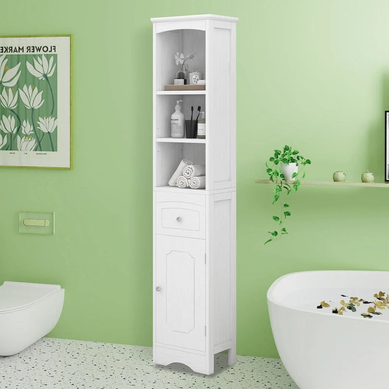 Meuble de Rangement pour Salle de Bain de 170 cm de Hauteur, Meuble Autoportant avec Tiroir, Porte et Étagères Réglables