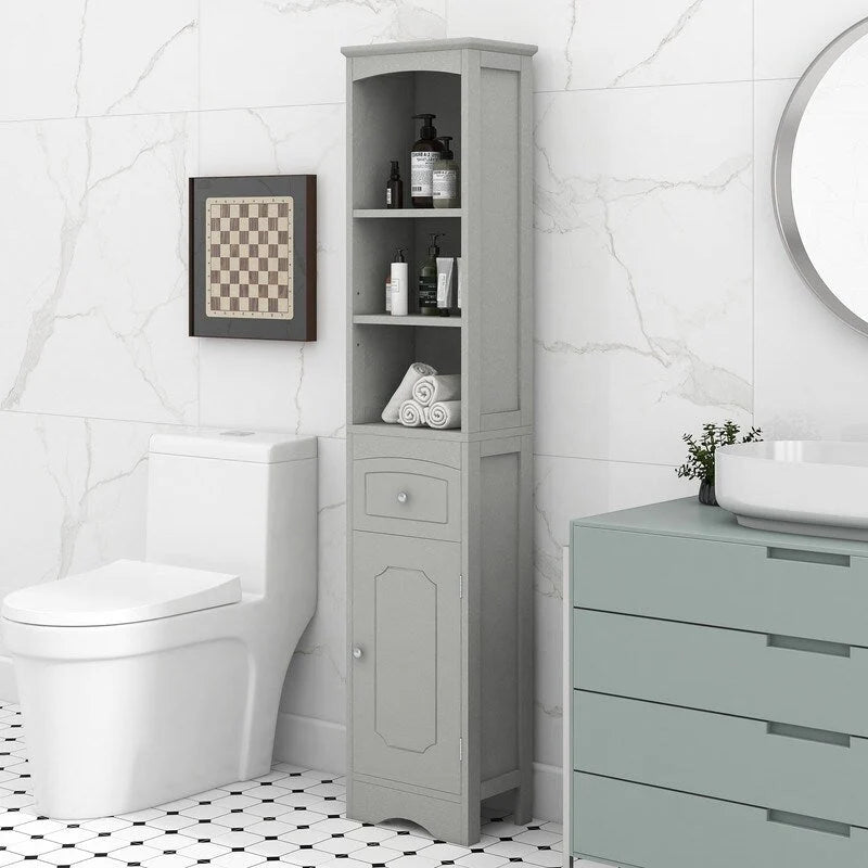 Meuble de Rangement pour Salle de Bain de 170 cm de Hauteur, Meuble Autoportant avec Tiroir, Porte et Étagères Réglables
