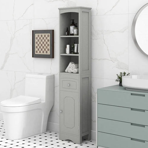 Meuble de Rangement pour Salle de Bain de 170 cm de Hauteur, Meuble Autoportant avec Tiroir, Porte et Étagères Réglables