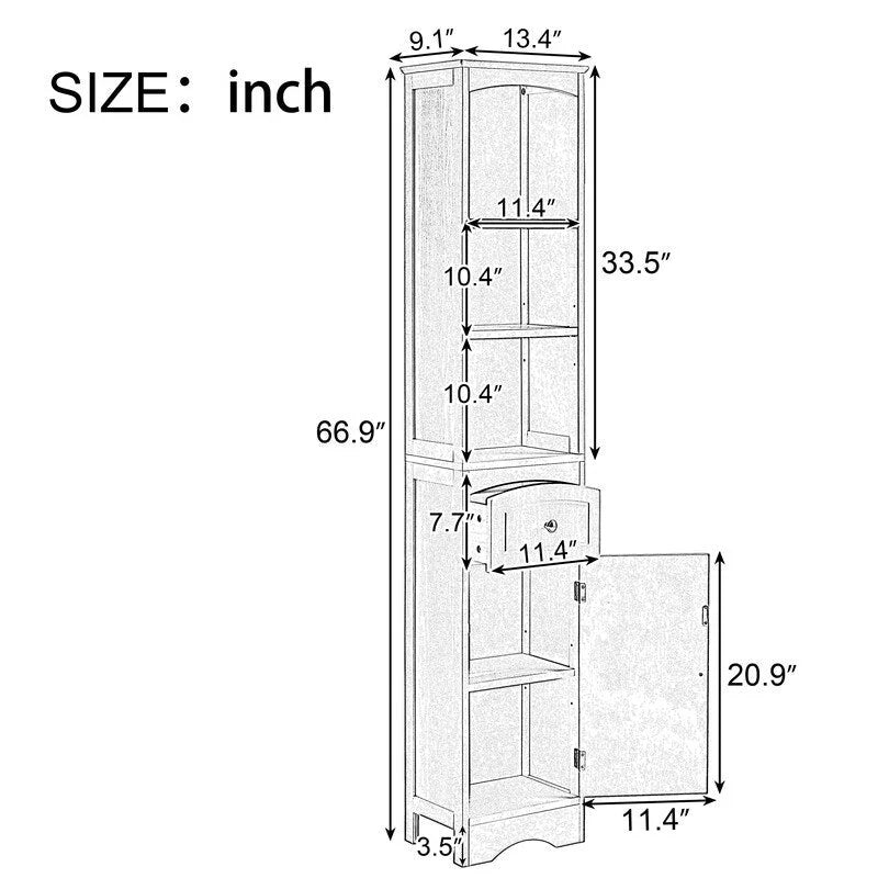 Meuble de Rangement pour Salle de Bain de 170 cm de Hauteur, Meuble Autoportant avec Tiroir, Porte et Étagères Réglables