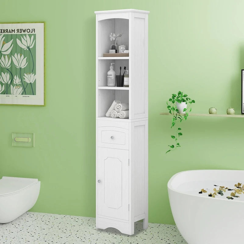 Meuble de Rangement pour Salle de Bain de 170 cm de Hauteur, Meuble Autoportant avec Tiroir, Porte et Étagères Réglables