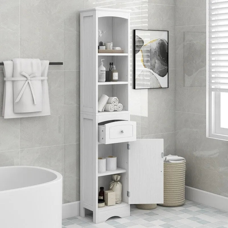 Meuble de Rangement pour Salle de Bain de 170 cm de Hauteur, Meuble Autoportant avec Tiroir, Porte et Étagères Réglables