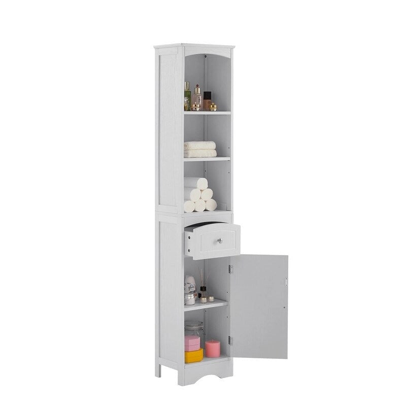 Meuble de Rangement pour Salle de Bain de 170 cm de Hauteur, Meuble Autoportant avec Tiroir, Porte et Étagères Réglables
