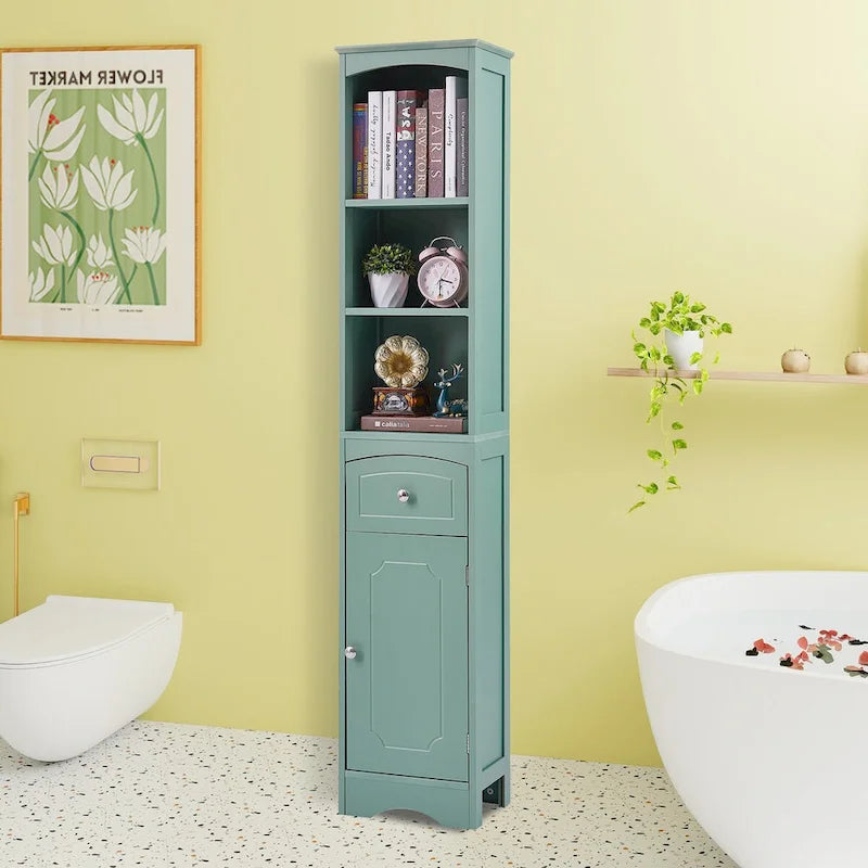 Meuble de Rangement pour Salle de Bain de 170 cm de Hauteur, Meuble Autoportant avec Tiroir, Porte et Étagères Réglables
