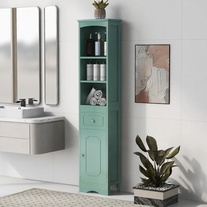 Meuble de Rangement pour Salle de Bain de 170 cm de Hauteur, Meuble Autoportant avec Tiroir, Porte et Étagères Réglables