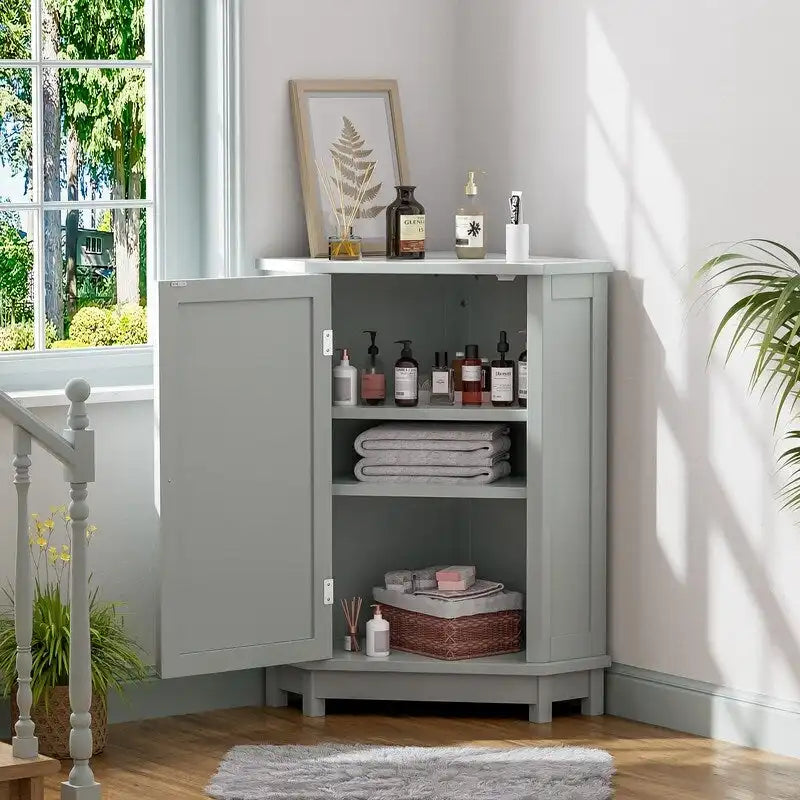Meuble d'angle triangulaire moderne en bois avec étagères intérieures réglables pour salon ou salle de bain