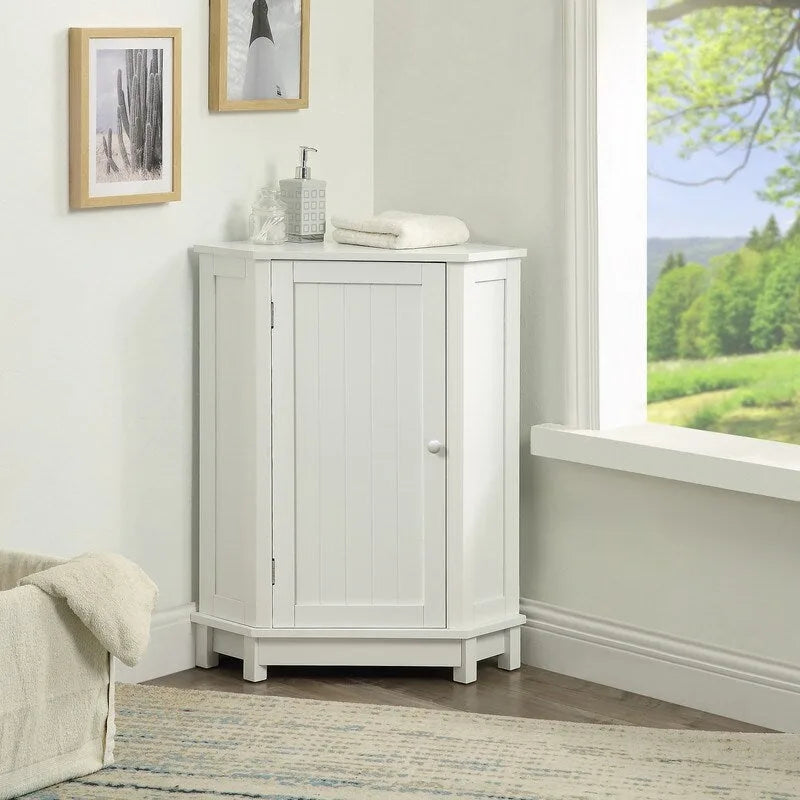 Meuble d'angle triangulaire moderne en bois avec étagères intérieures réglables pour salon ou salle de bain
