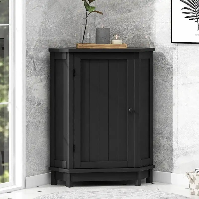 Meuble d'angle triangulaire moderne en bois avec étagères intérieures réglables pour salon ou salle de bain