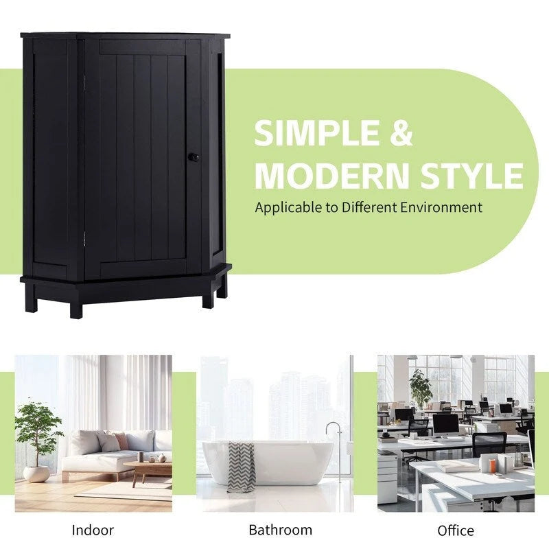Meuble d'angle triangulaire moderne en bois avec étagères intérieures réglables pour salon ou salle de bain