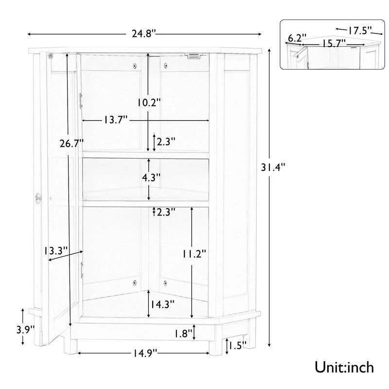 Meuble d'angle triangulaire moderne en bois avec étagères intérieures réglables pour salon ou salle de bain