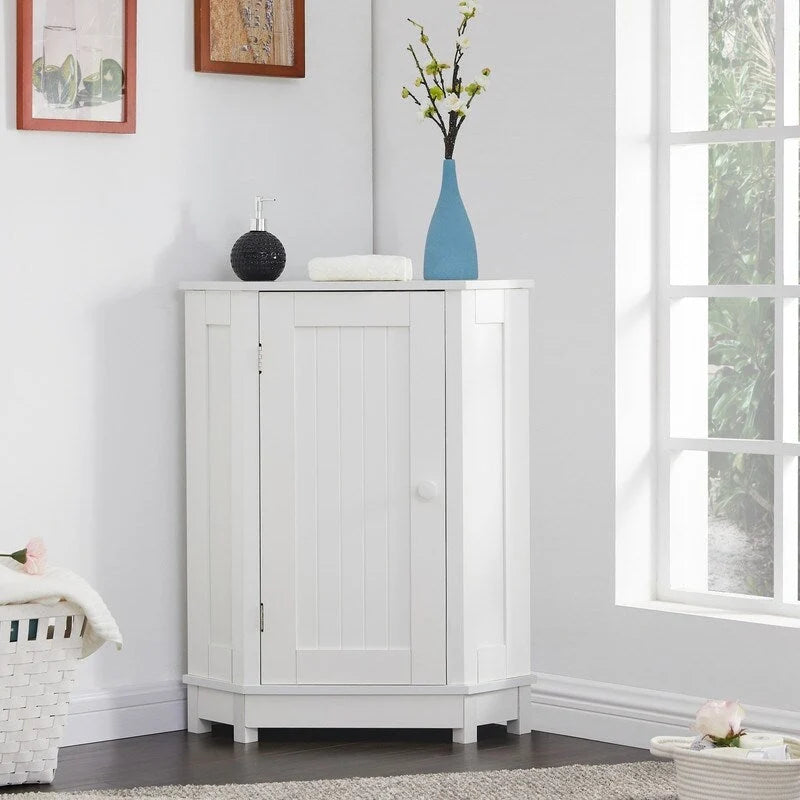 Meuble d'angle triangulaire moderne en bois avec étagères intérieures réglables pour salon ou salle de bain
