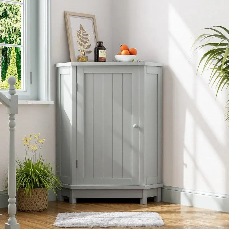 Meuble d'angle triangulaire moderne en bois avec étagères intérieures réglables pour salon ou salle de bain