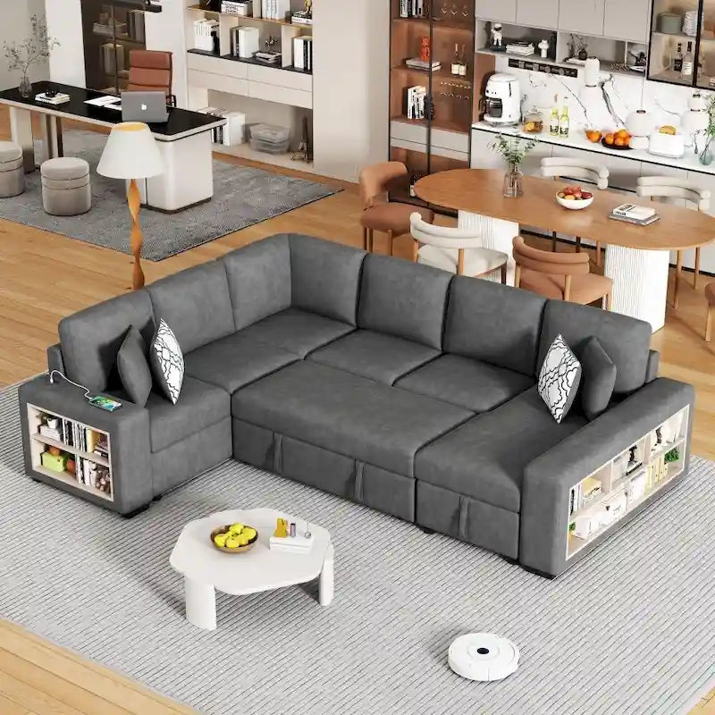 Canapé d'angle en U avec deux ports USB et une méridienne de rangement