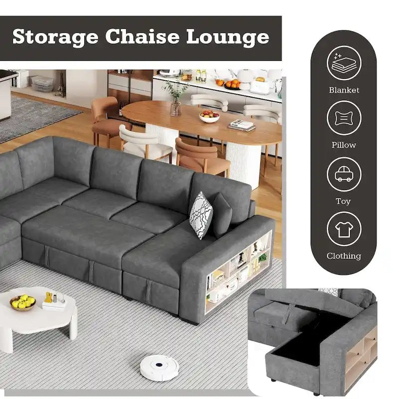 Canapé d'angle en U avec deux ports USB et une méridienne de rangement
