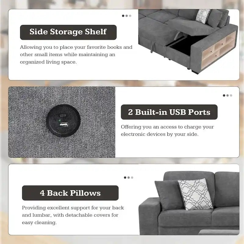 Canapé d'angle en U avec deux ports USB et une méridienne de rangement