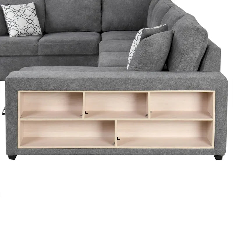 Canapé d'angle en U avec deux ports USB et une méridienne de rangement