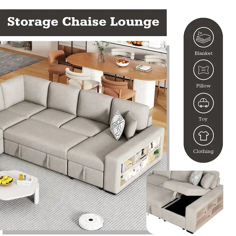 Canapé d'angle en U avec deux ports USB et une méridienne de rangement