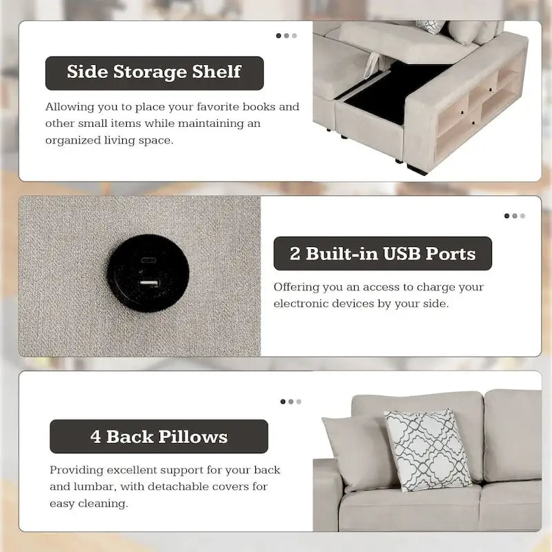 Canapé d'angle en U avec deux ports USB et une méridienne de rangement