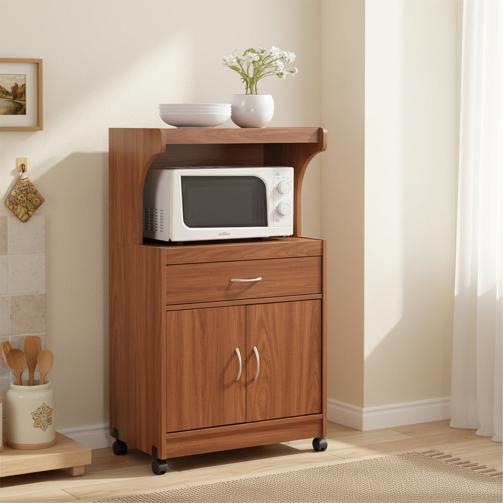 Hodedah Kitchen Dining Room Microwave Shelf Storage Cart with Wheels, Cherry - 60